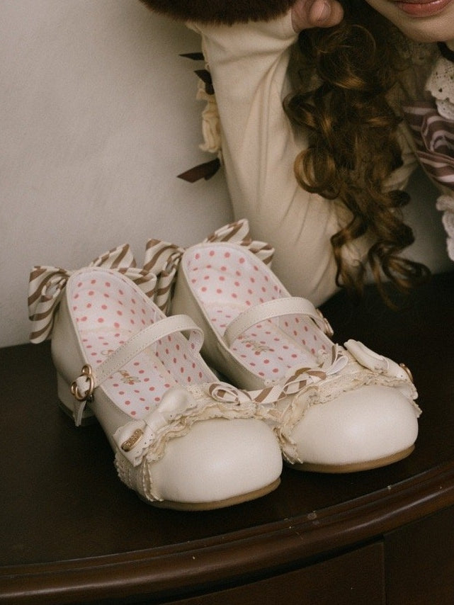 Adorable Bear Mary Off-white Ears Janes Low-heel PU with