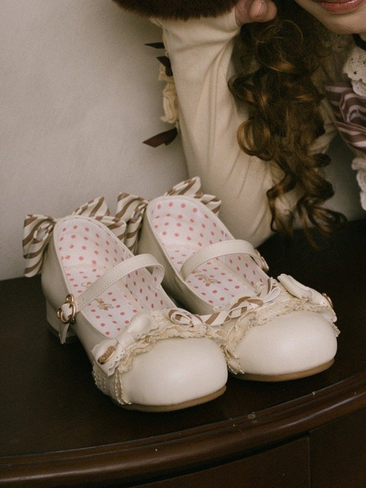 Adorable Bear Mary Off-white Ears Janes Low-heel PU with