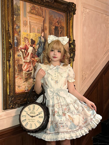 Dress Print One Piece Peter Sweet Blue Light in Wonderland Pan Theme Alice Lolita Collar