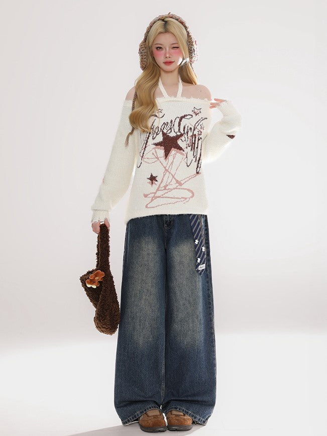 Dark Blue Faded Wash Wide-Leg Jeans with Detachable Blue Necktie Accent