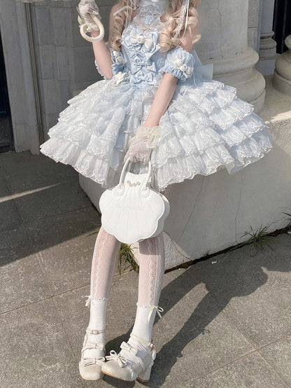 Princess Neck Hem Ruffle Halter Balletcore Lolita Layered Dress Blue with