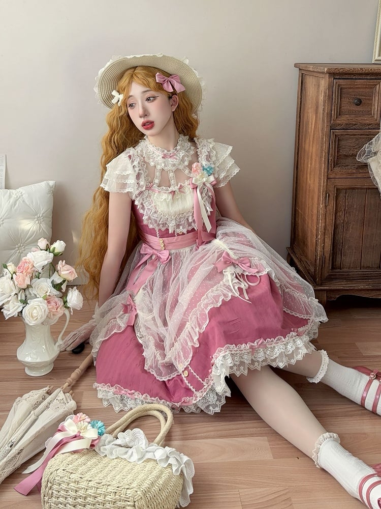 Pink Elegant Bow Version with Details Short Dress Lolita and Lace Classic Rose