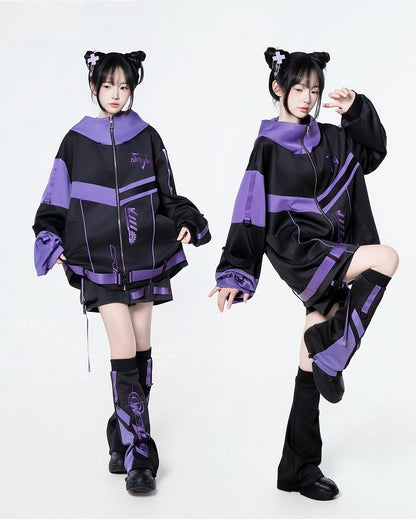Black Hoodie Details Purple Futuristic - Landmine Techwear Embroidered Jacket with