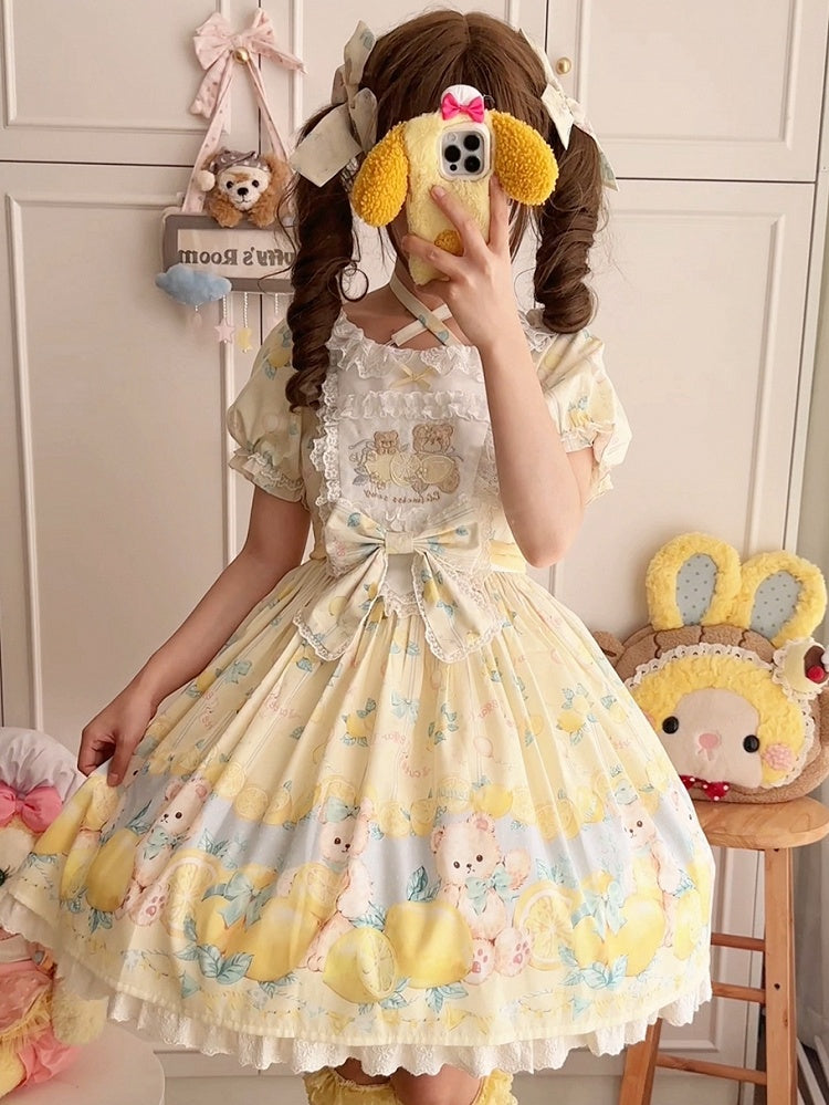 Lemon Yellow Lolita Sleeves Print Sweet Short Dress Teddy and