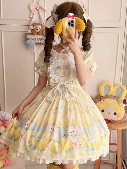 Lemon Yellow Lolita Sleeves Print Sweet Short Dress Teddy and
