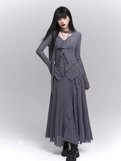 Gray Gothic V-Neck Top with Elegant Ruffle Front & Attached Neck Strap - Lady Ghost