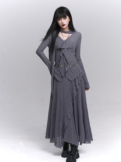 Elegant Gray Ruffle Gothic Front Attached with Neck Top V-Neck