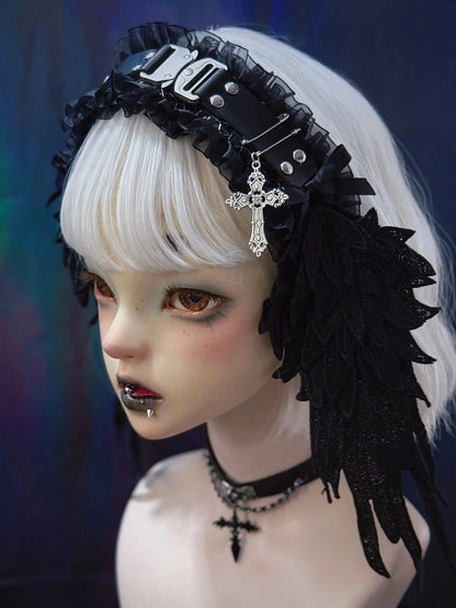 Black Hairband Wing with Style Leather Buckle Alternative in Angel Dark Metal