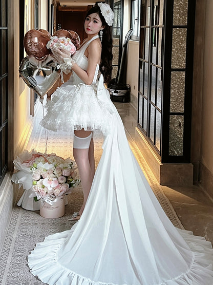 Weißes Hanayome Lolitacore-Kleid mit Neckholder und baskischer Taille zum Selbstbinden