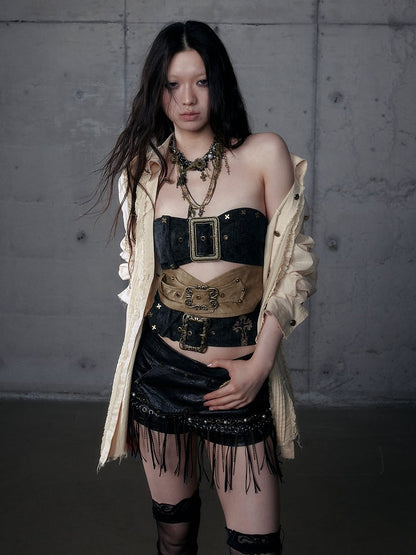 Punk Rococo Yellow Three-Strap Cross Metal Buckles with Black Embroidery Bustier