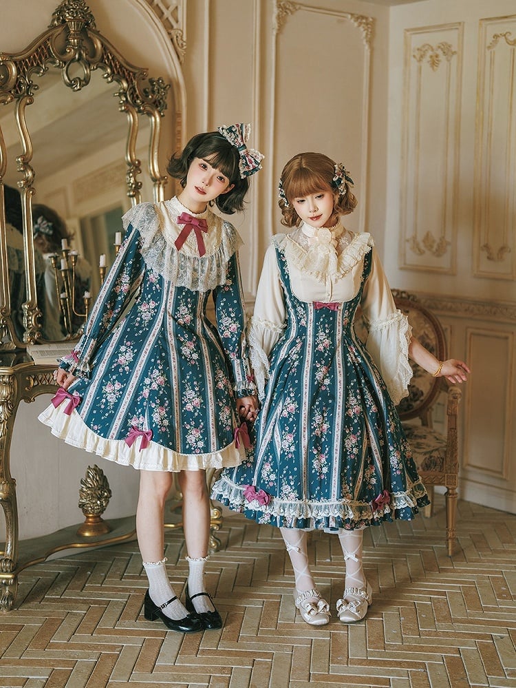 Teal Floral Print Bustier Lolita Dress with Back Lace-Up Detailing - Miss Cube Dressworks