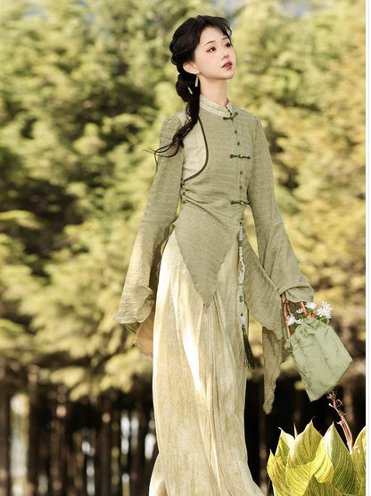 Pleated Green Modern Chinese-Style Trousers - Han Ru Chu Hanfu &amp; Han-Element Studi