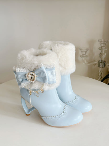 Heart-Shaped Heel Sweet Bow High Heel Ankle Boots BE008