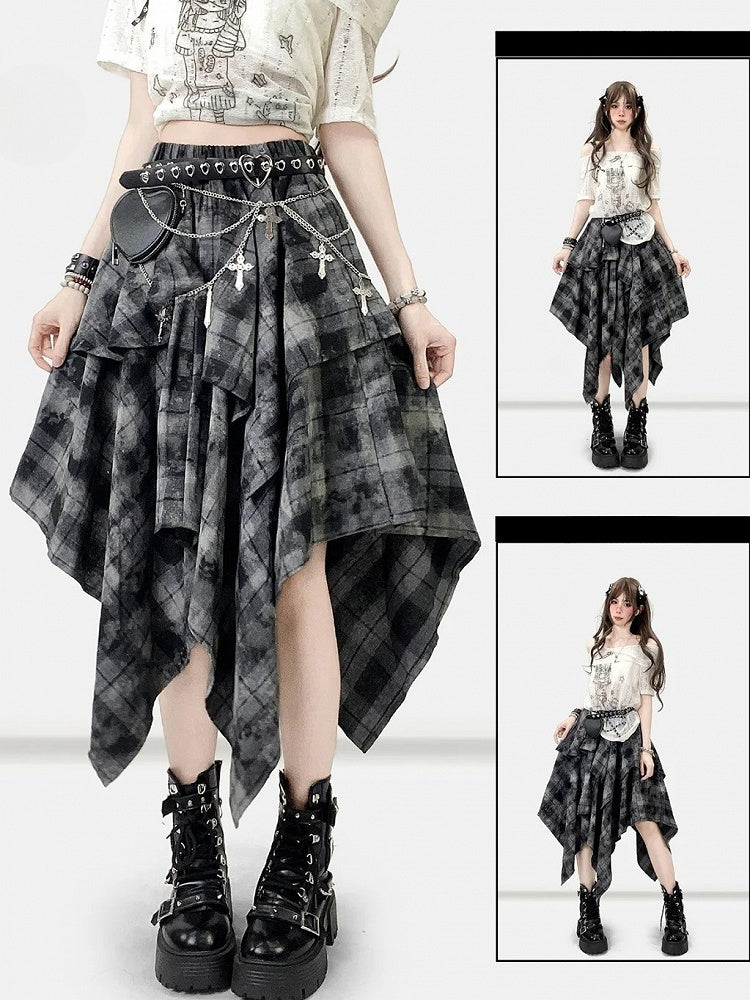 ハンカチ ダークヘム チェック柄スカート ほろ苦いグレー