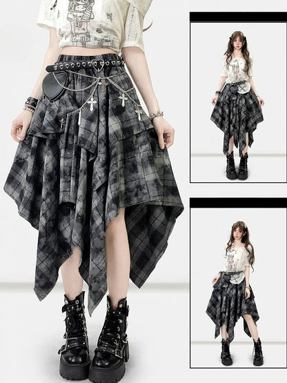 ハンカチ ダークヘム チェック柄スカート ほろ苦いグレー