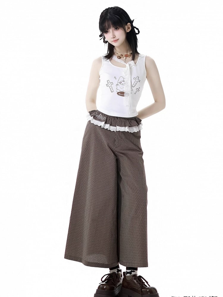 フリルレーストリムウエストワイドレッグパンツ ブラウンチェック