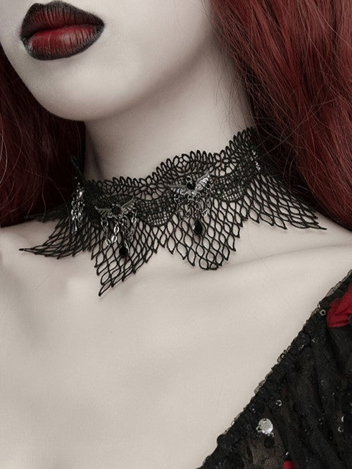 Dark Black Lace Choker with Bat Ornament - Punk Rave