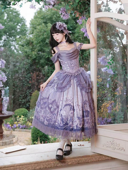 Skirt Elegant Purple and Classic Butterfly Top Waist Corset + Floral Boned Set Lolita Print