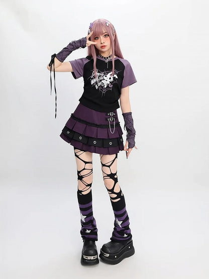 レッド/ピンク/パープルのTシャツプリントスリーブ付きY2Kカットアウトショルダースパイダーウェブ