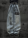Letter Distressed Wide-leg Punk Stripes with Jeans Wasteland Pattern Light Blue