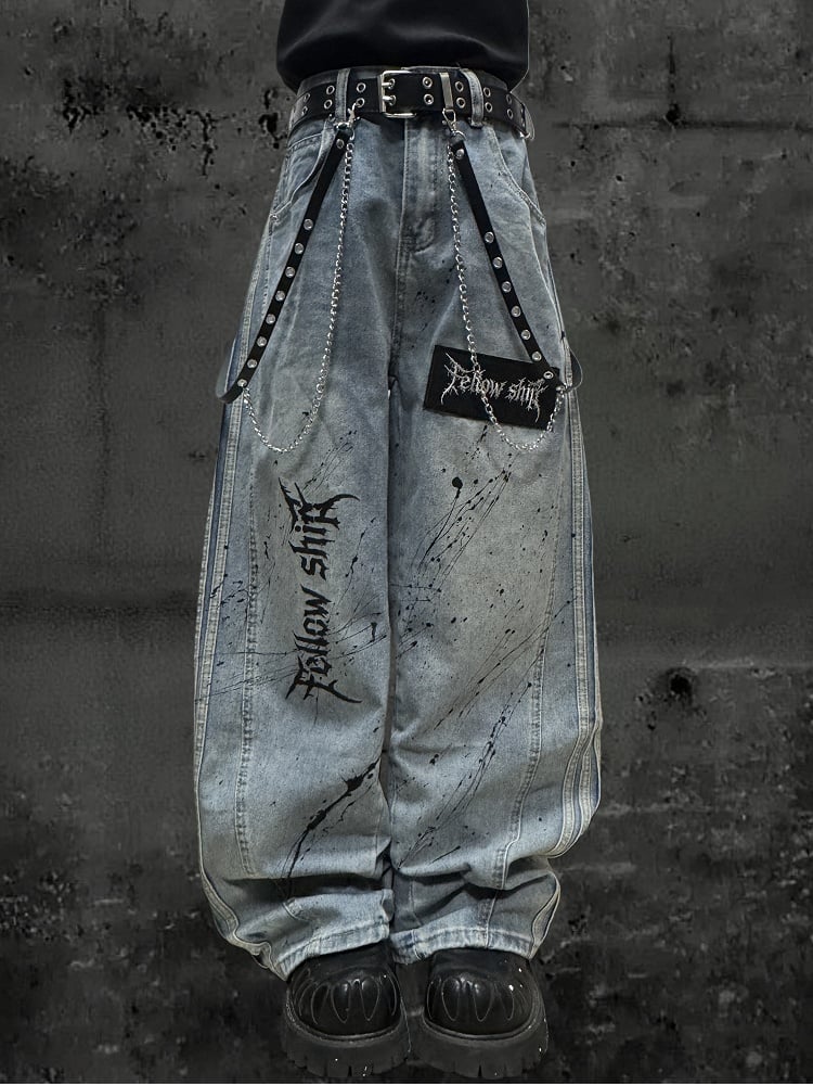 Letter Distressed Wide-leg Punk Stripes with Jeans Wasteland Pattern Light Blue