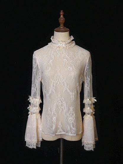 Beige Lace Bell Sleeve Blouse with Stand Collar Accent - Twin Bear Original Design