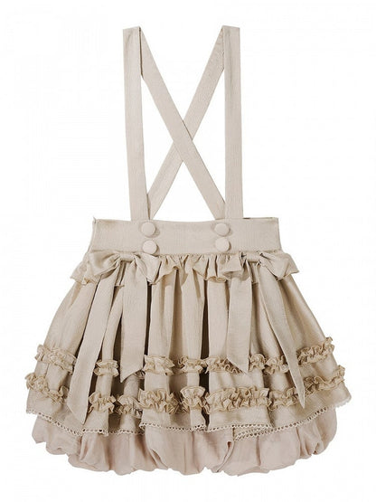 Bow and Ruffle Detail Bubble Skirt with Cross Straps in Beige - Unknown Star