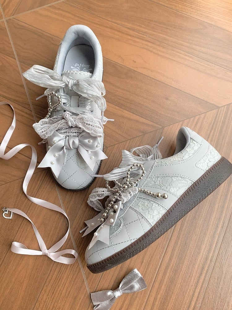 Ties Gray Beaded at Lace Sneakers Front Top Lace-up Decorated Bow