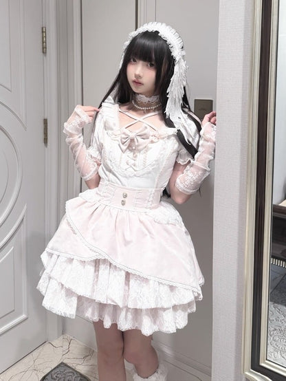 Ryousangata White & Pink Lace Bow Blouse - Jiuniang Cherry