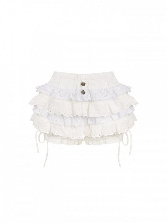 Daily Skort Floral Decorative with Kawaii Buttons White