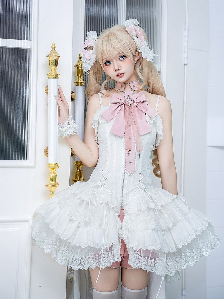 Träger Spaghetti JSK Lolita Rosa Balletcore Weißes Korsett + Kleid