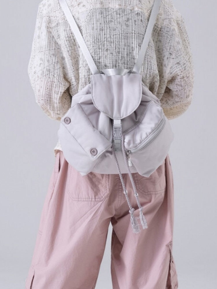 Chic Grey Drawstring Backpack With Flap Closure