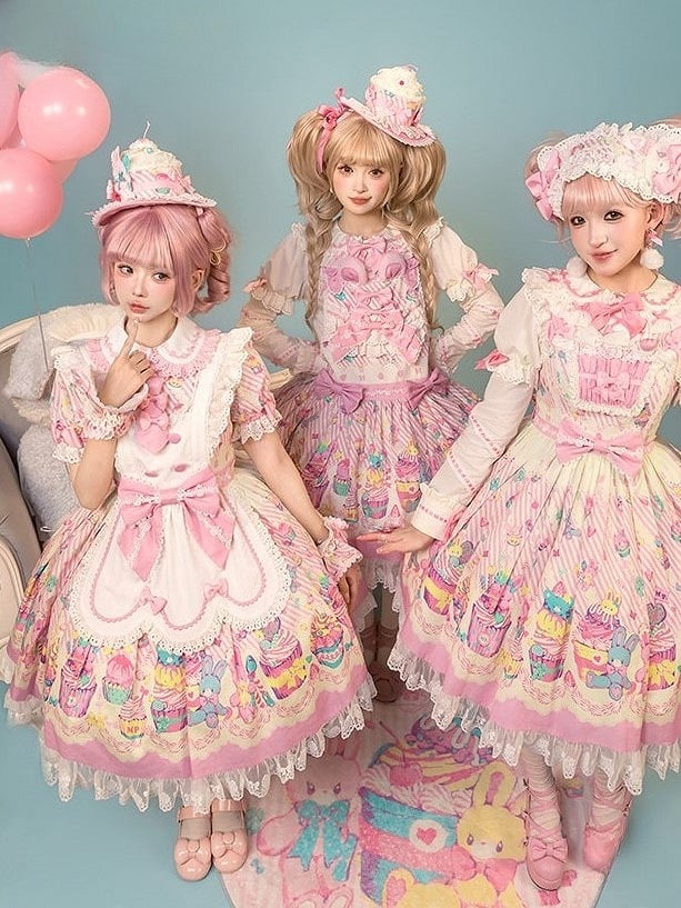 and White Collar Pan Pink Lolita Peter Bunny Cupcake Dress Print Maid