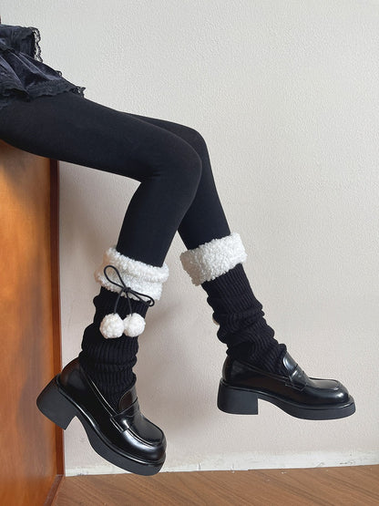 Warmers Ribbed Leg with Cuff Mid-Calf Sherpa Pom-Poms