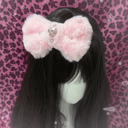 Bowknot Decoration Plush Pink/White with Gemstone Hairclip