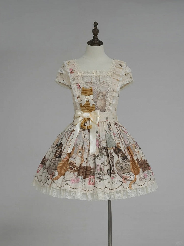 Beige Cat Print Square Neckline Sweet Lolita JSK Dress with Plush Cat Patch - NyaNya