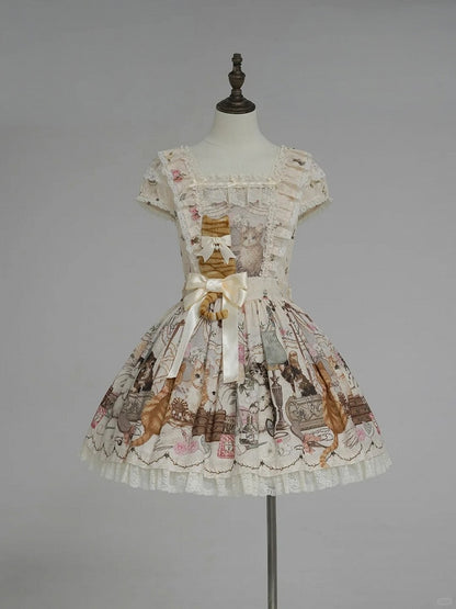 Beige Cat Print Square Neckline Sweet Lolita JSK Dress with Plush Cat Patch - NyaNya
