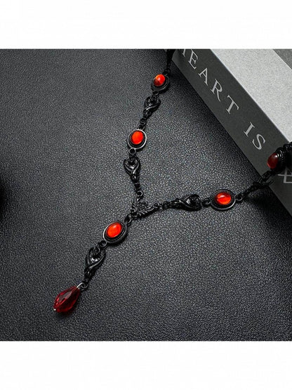 Black Gothic Necklace with Red Rhinestones - YSHXS