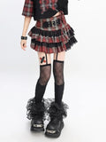 Tiered Skirt Lined Strap Trim Y2K Red Plaid Buckle Lace