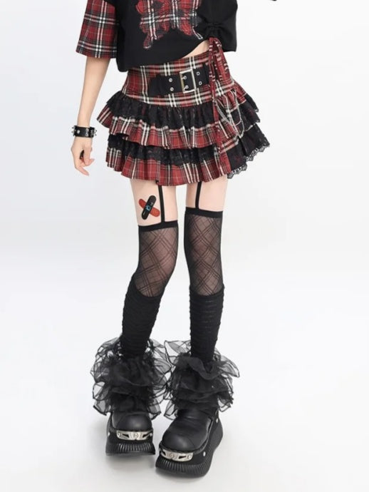 Stufenrock Gefütterter Riemenbesatz Y2K Rot Karierte Schnalle Spitze