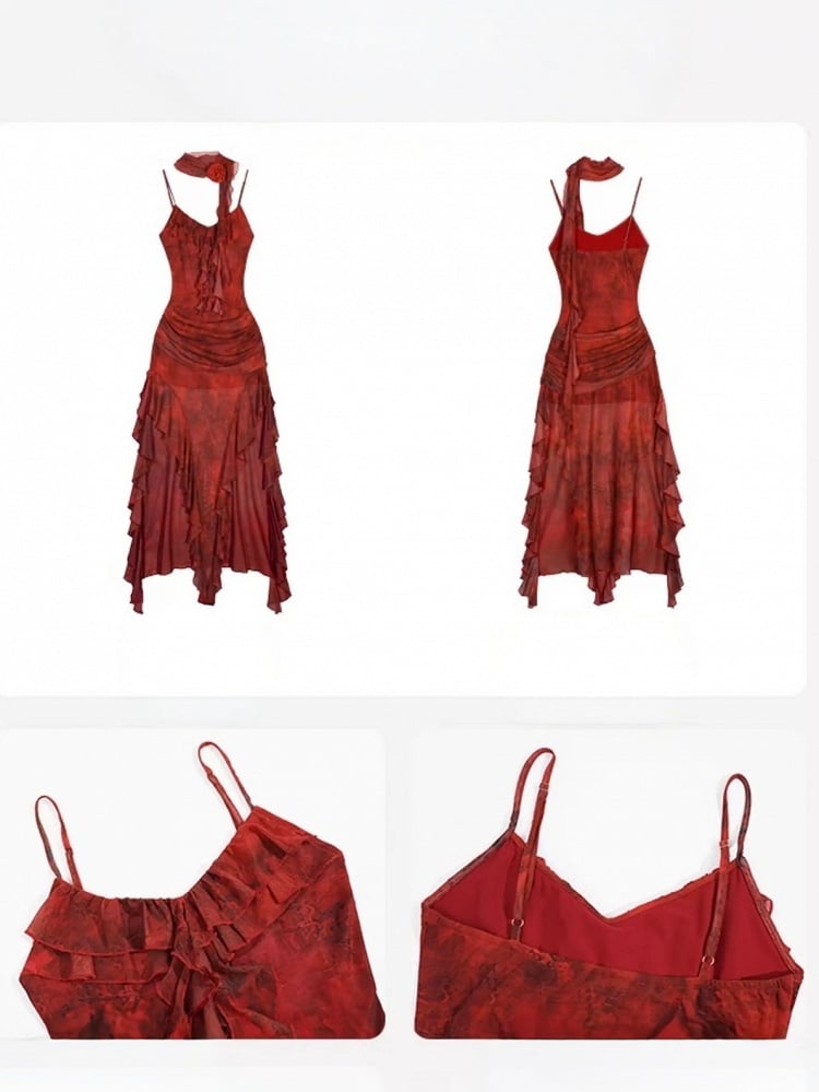 Red Floral Print Sleeveless Summer Dress with Irregular Ruffle Hem