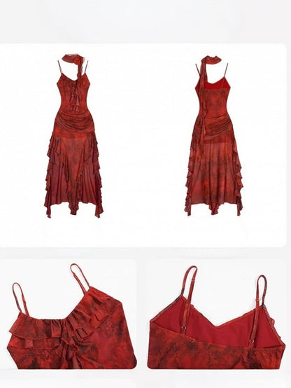 Red Floral Print Sleeveless Summer Dress with Irregular Ruffle Hem