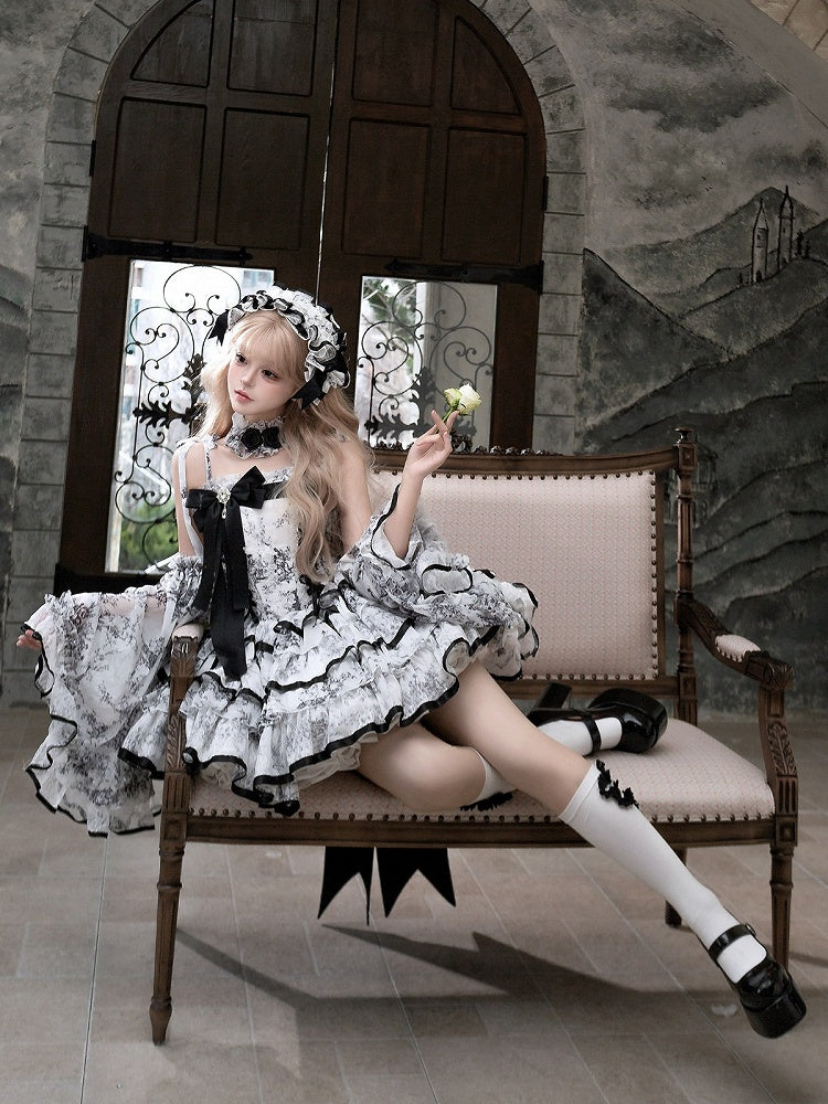 Elegant Hanayome-Style Black & White Porcelain-Inspired 82CM-Length Lolita Princess Dress - Sleepless Star