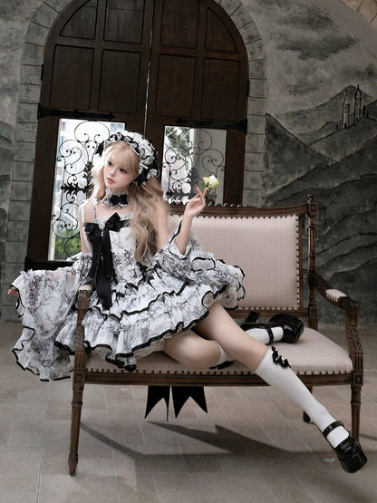 Elegant Hanayome-Style Black & White Porcelain-Inspired 82CM-Length Lolita Princess Dress - Sleepless Star