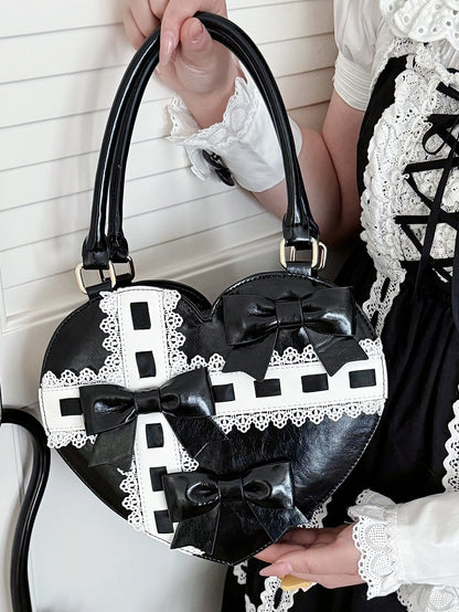 PU-Saum, Schleife, süße Riemen, herzförmige Handakzente, Tasche, schwarz, gewellt – Lolita