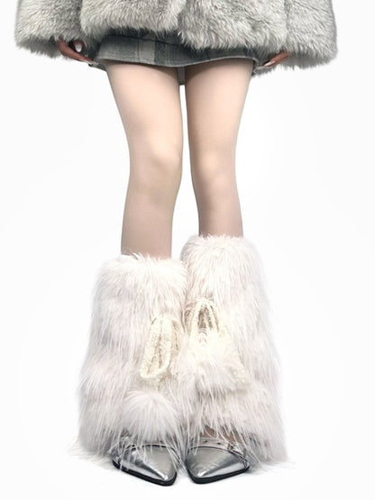 ブラック/ホワイト/パープル Y2K シャギー ボウノット レッグウォーマー ポンポン付き