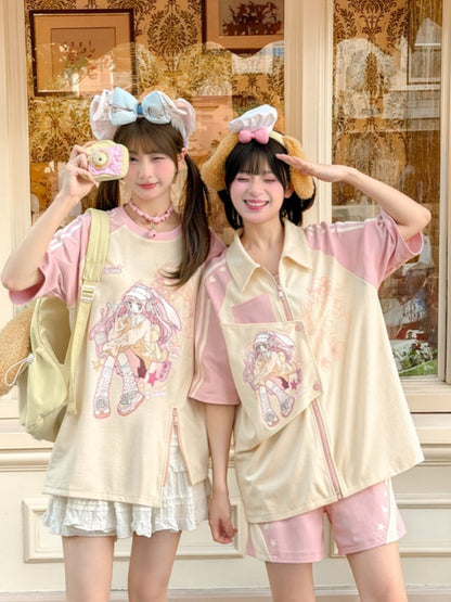 Beige and Pink Colorblock Design Shirt Anime Print Zip Bittersweet Closure Y2K