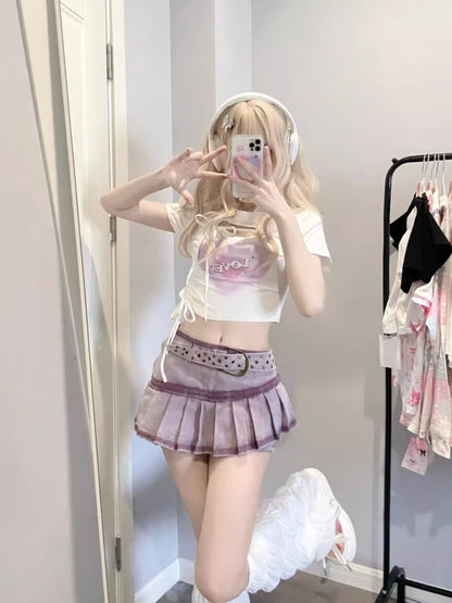 ホワイト スウィートハートプリント ドローストリング クロップドトップ