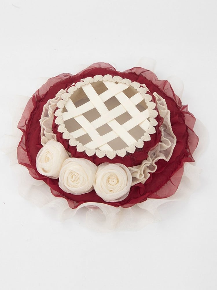 Flower Beige Woven Accents Sweet with Lolita Design Hat Red Mini