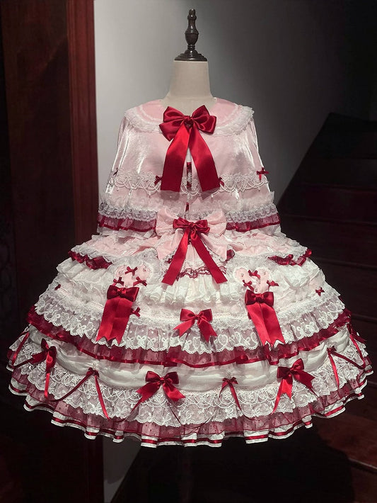 Pink Shimmering Ruffled Cape with Red Small Bows - Starry Messenger